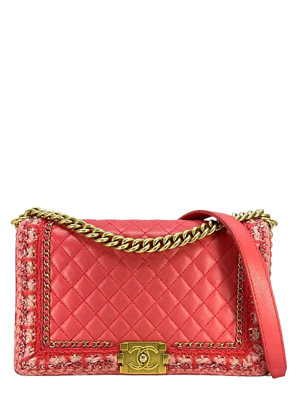 Chanel Pink Quilted Lambskin Boy Bag With Tweed Size M