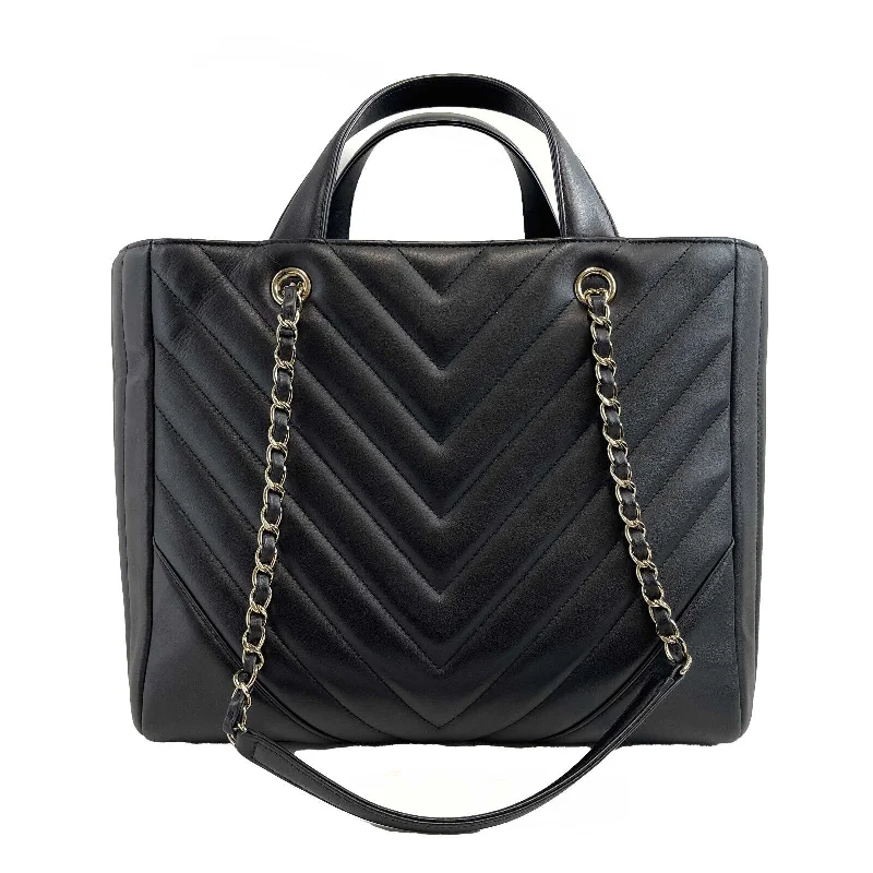 CHANEL - Large Shopping Tote Black Chevron Leather CC Tote w/ Shoulder Strap