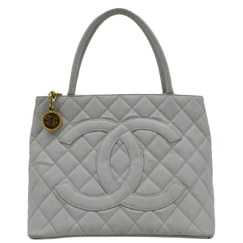 CHANEL Medallion Quilted Caviar Leather Tote Bag Light Blue