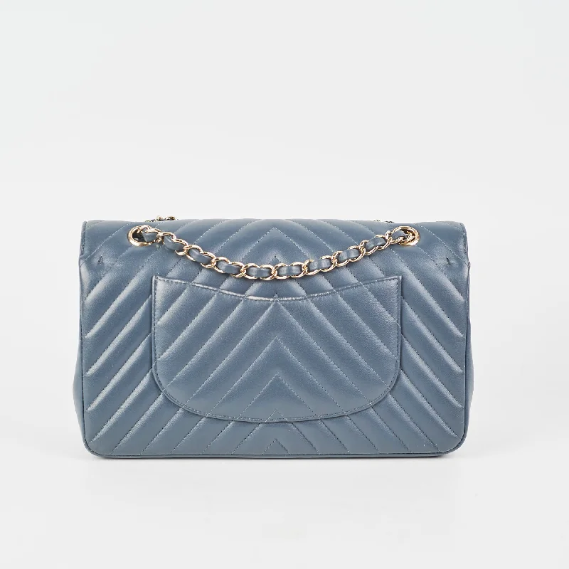 Chanel Chevron M/L Lambskin Classic Flap Dark Grey/Blue