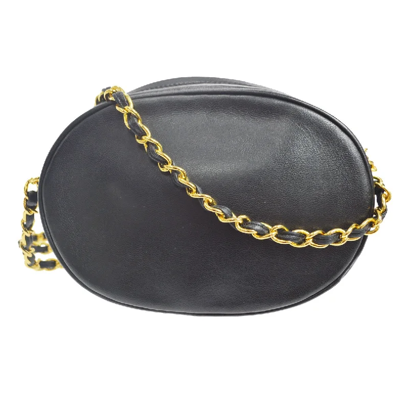 CHANEL 1989-1991 Oval Shoulder Bag Black Lambskin 58063