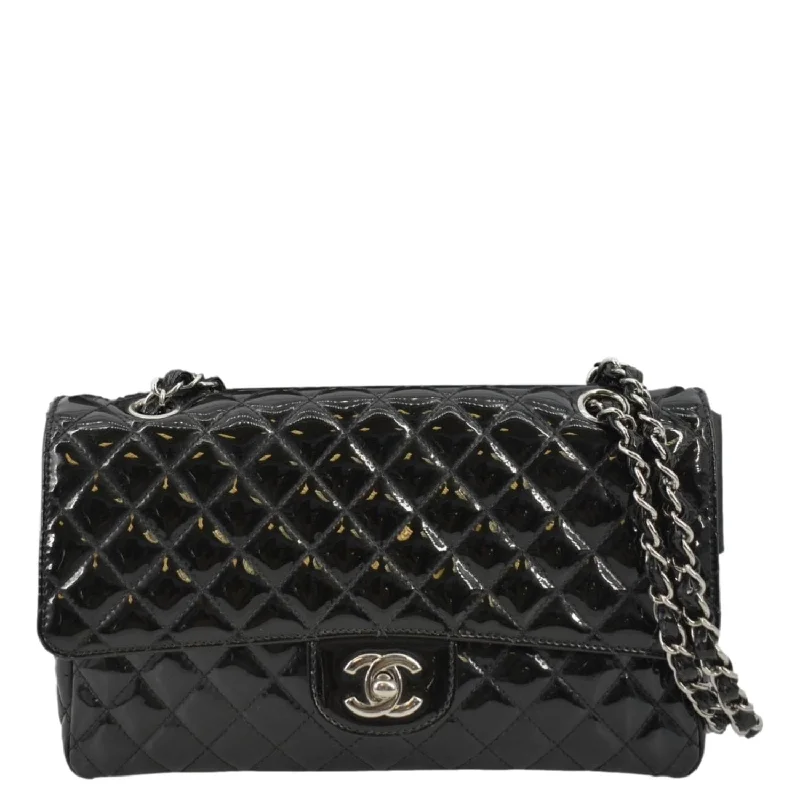 CHANEL Secret Label Flap Patent Leather Shoulder Bag Black