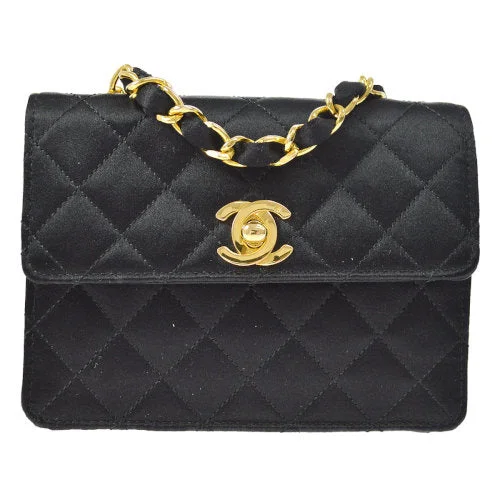 Chanel 1989-1991 Straight Flap Bag Micro Black Satin