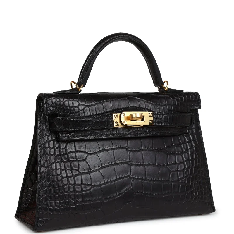 Hermes Kelly Sellier 20 Black Matte Alligator Gold Hardware