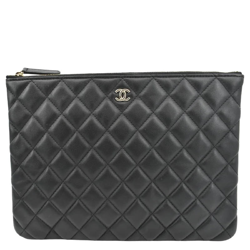 CHANEL O-Case Quilted Lambskin Leather Zip Pouch Black