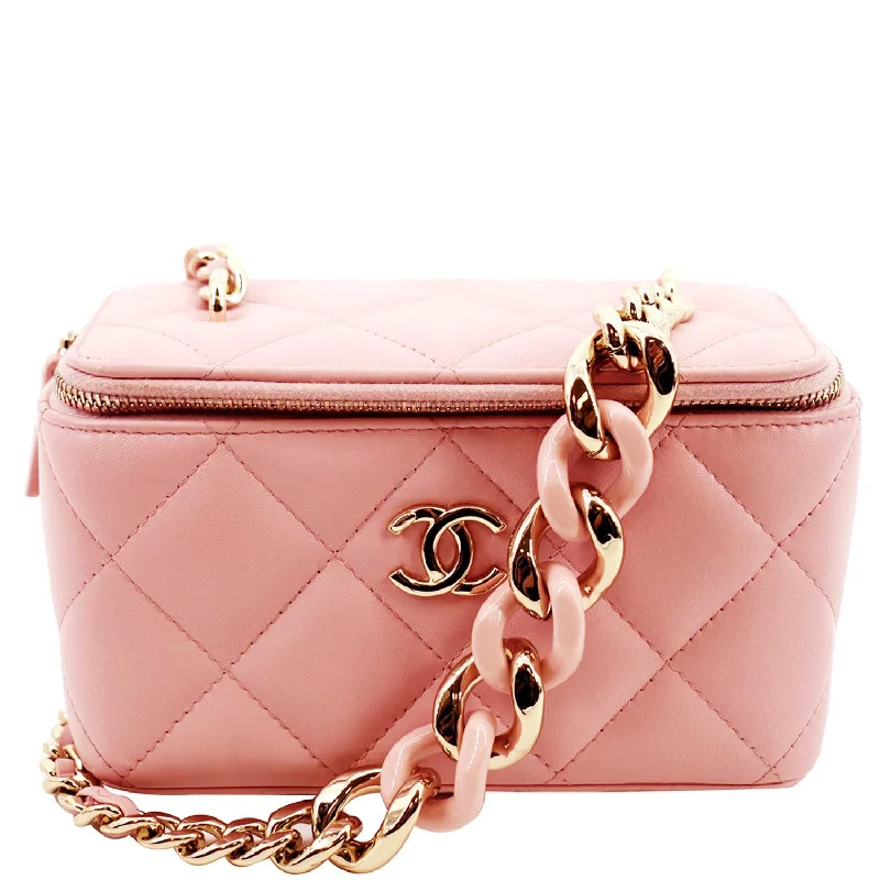 CHANEL Resin Elegant Chain Vanity Case Quilted Leather Shoulder Bag Pink