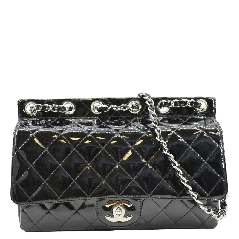 CHANEL Through Flap Quilted Patent Leather Shoulder Bag Black