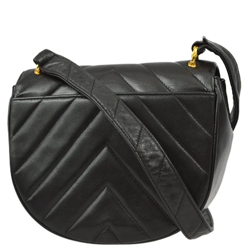 Chanel 1991-1994 Black Lambskin Chevron Half Moon Shoulder Bag