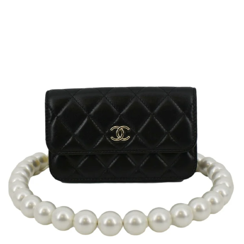 CHANEL Pearl Strap CC Mini Quilted Leather Wallet on Chain Shoulder Bag Black