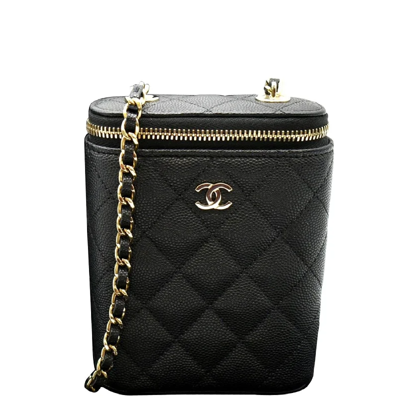 CHANEL Small Vertical Caviar Quilted Leather Chain Vanity Case Crossbody Black