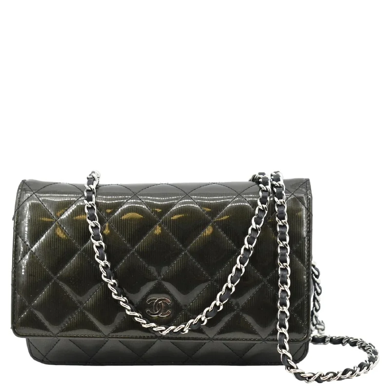 CHANEL Wallet on Chain Patent Leather Shoulder Bag Olive Green