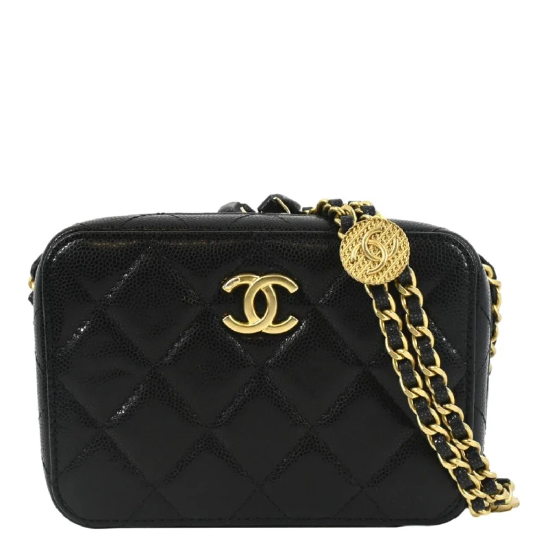 CHANEL Twist Your Buttons Quilted Caviar Leather Crossbody Clutch Bag Black