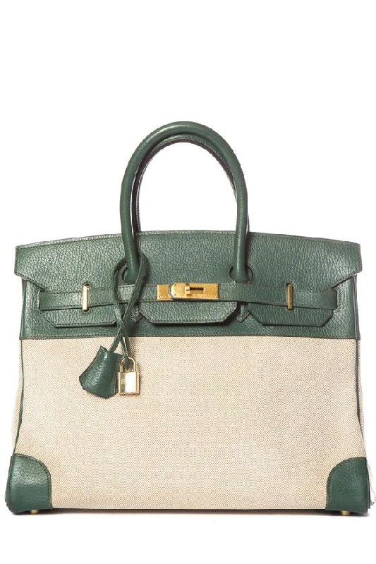 Hermès Birkin Leather & Toile 35cm Green Tote