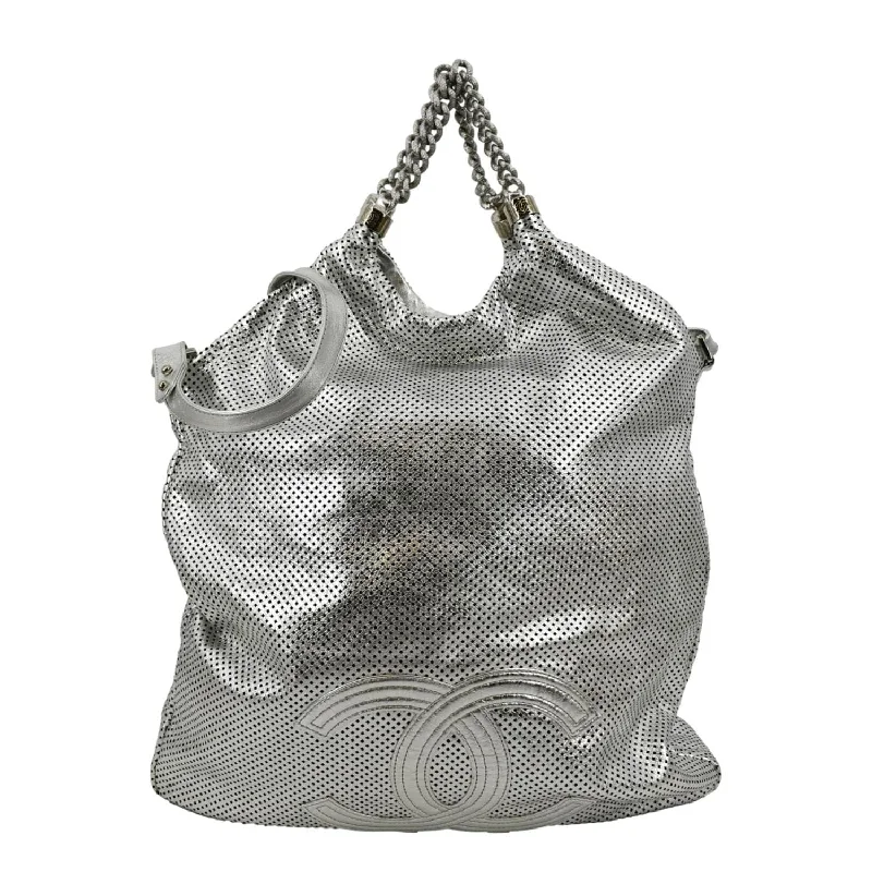 CHANEL Rodeo Drive Perforated Leather Shoulder Bag Metallic Silver