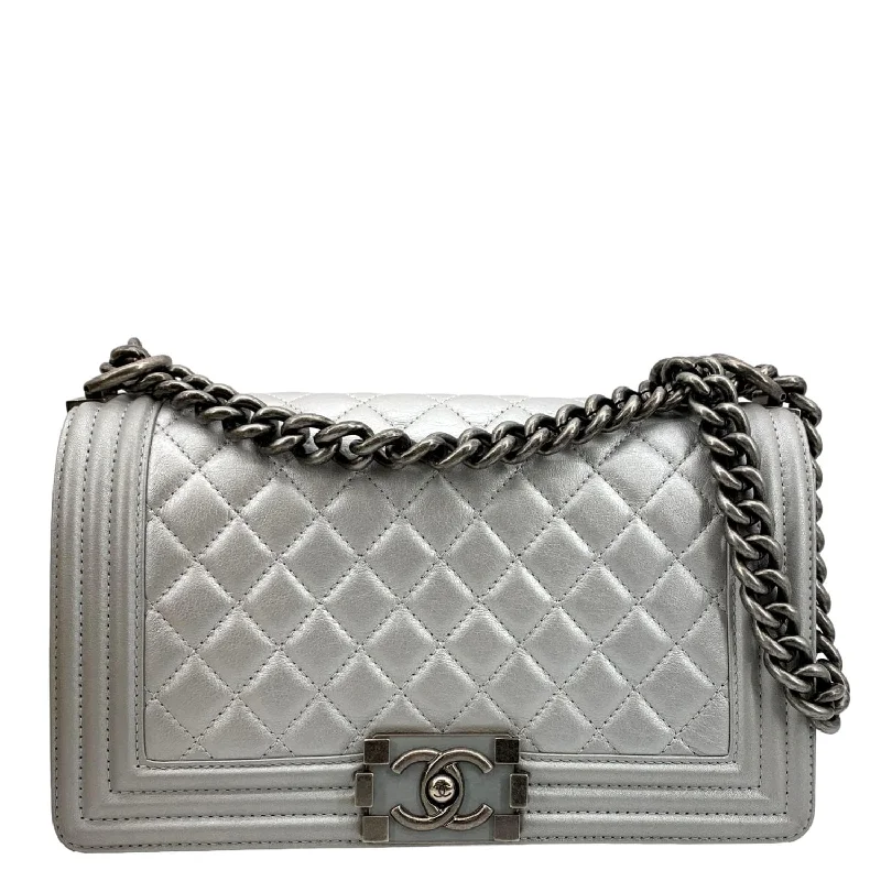 CHANEL Medium Boy Flap Quilted Leather Crossbody Bag Silver