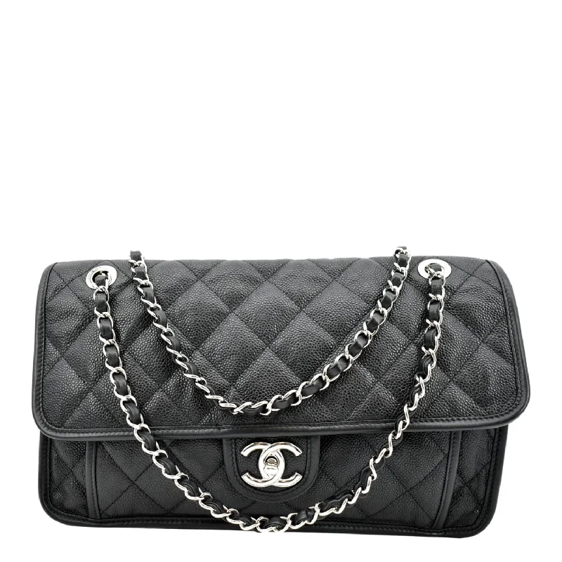 CHANEL Riviera Flap Large Quilted Caviar Leather Shoulder Bag Black