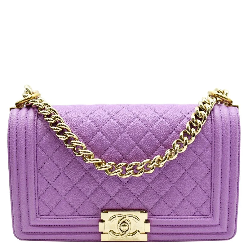 CHANEL Medium Boy Flap Quilted Caviar Leather Shoulder Bag Purple