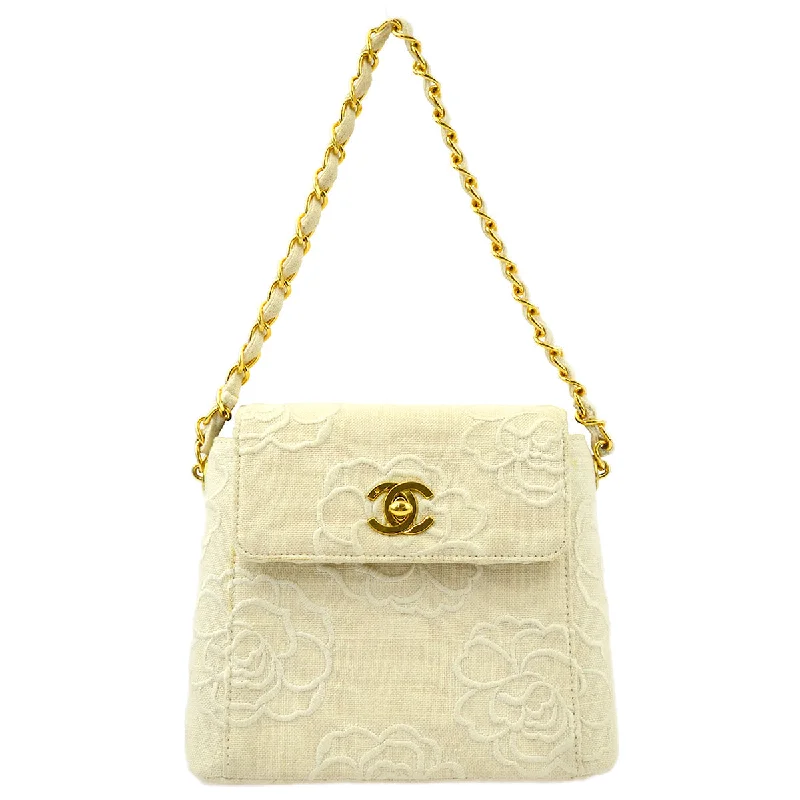 Chanel * White Canvas Camellia Straight Flap Handbag