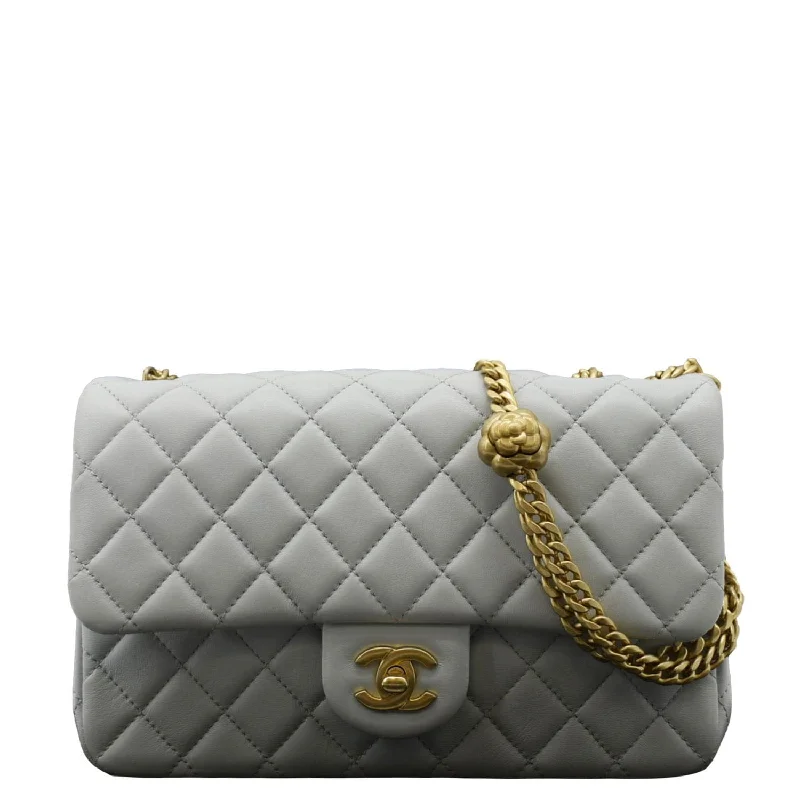 CHANEL Sweet Camellia Flap Adjustable Chain WOC Quilted Leather Crossbody Bag Light Blue