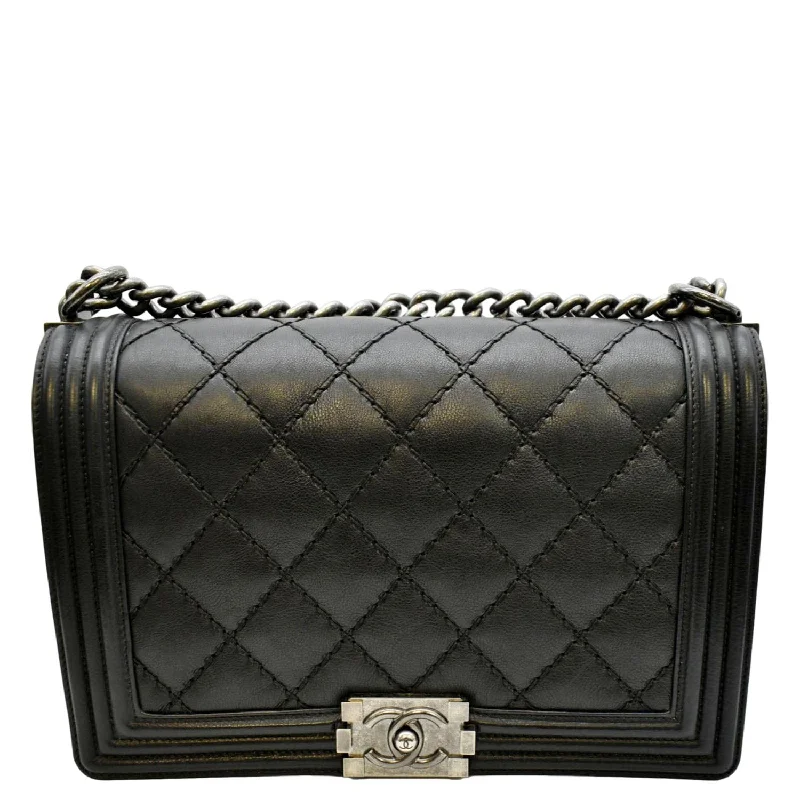 CHANEL Wild Stitch Boy Quilted Lambskin Leather Shoulder Bag Black