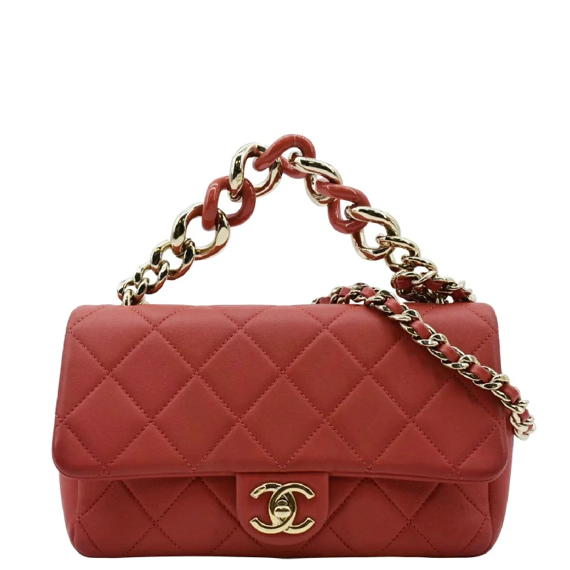 CHANEL Resin Chain Flap Lambskin Quilted Leather Shoulder Bag Red