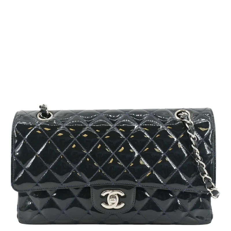 CHANEL Medium Double Flap Quilted Patent Leather Shoulder Bag Olive