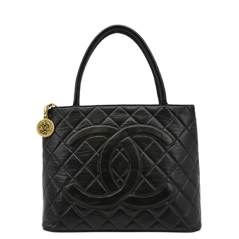 CHANEL Medallion Quilted Caviar Leather Tote Bag Black