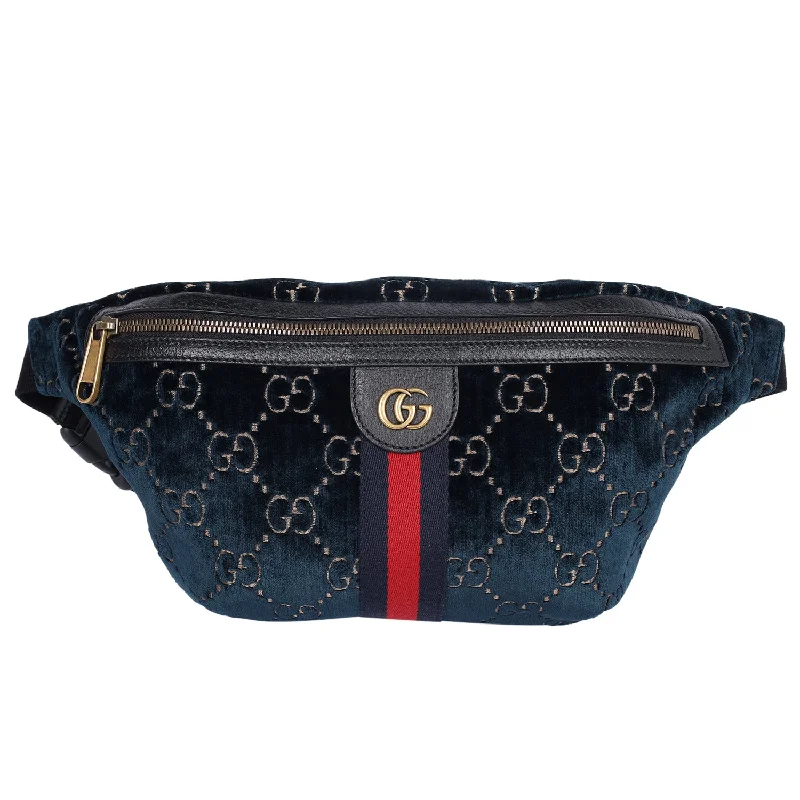 Velvet GG Monogram Web Belt Bag Blue Beige (Authentic Pre-Owned)