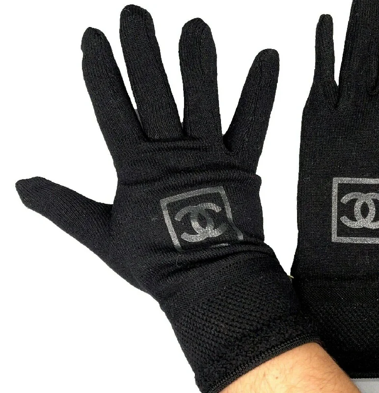 CHANEL - Knit Wool Lambskin Black Leather - Sport Gloves - CC Logo - Size M